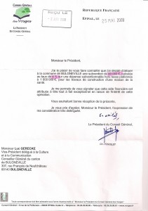 Lettre du Président du CG attribution de subvention exceptionnelle - 25 mai 2009